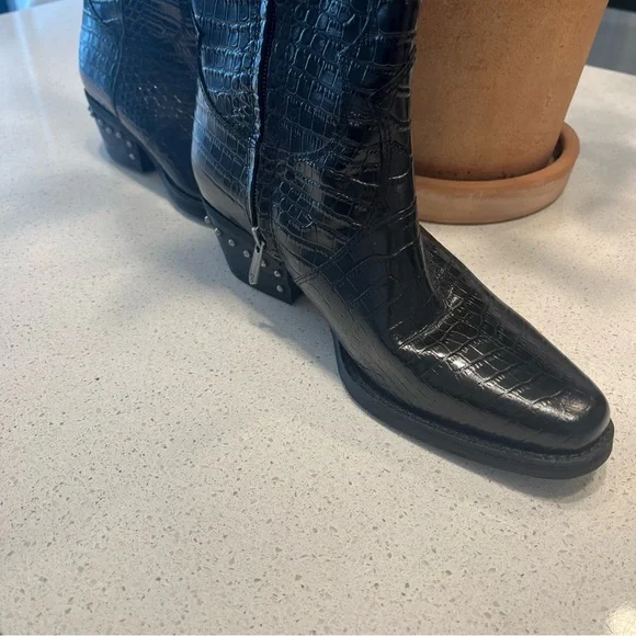 Sam Edelman Black Leather Cowboy Western Boots with Crocodile-Embossed Pattern - Picture 7 of 7